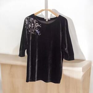 French Laundry Petite Brown velour Velvet sequin top Flowers Women’s Size L‎